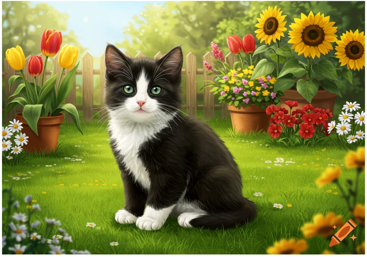 A black and white kitten with green eyes sits on green grass in a sunny garden with colorful blooming tulips, sunflowers, and daisies.