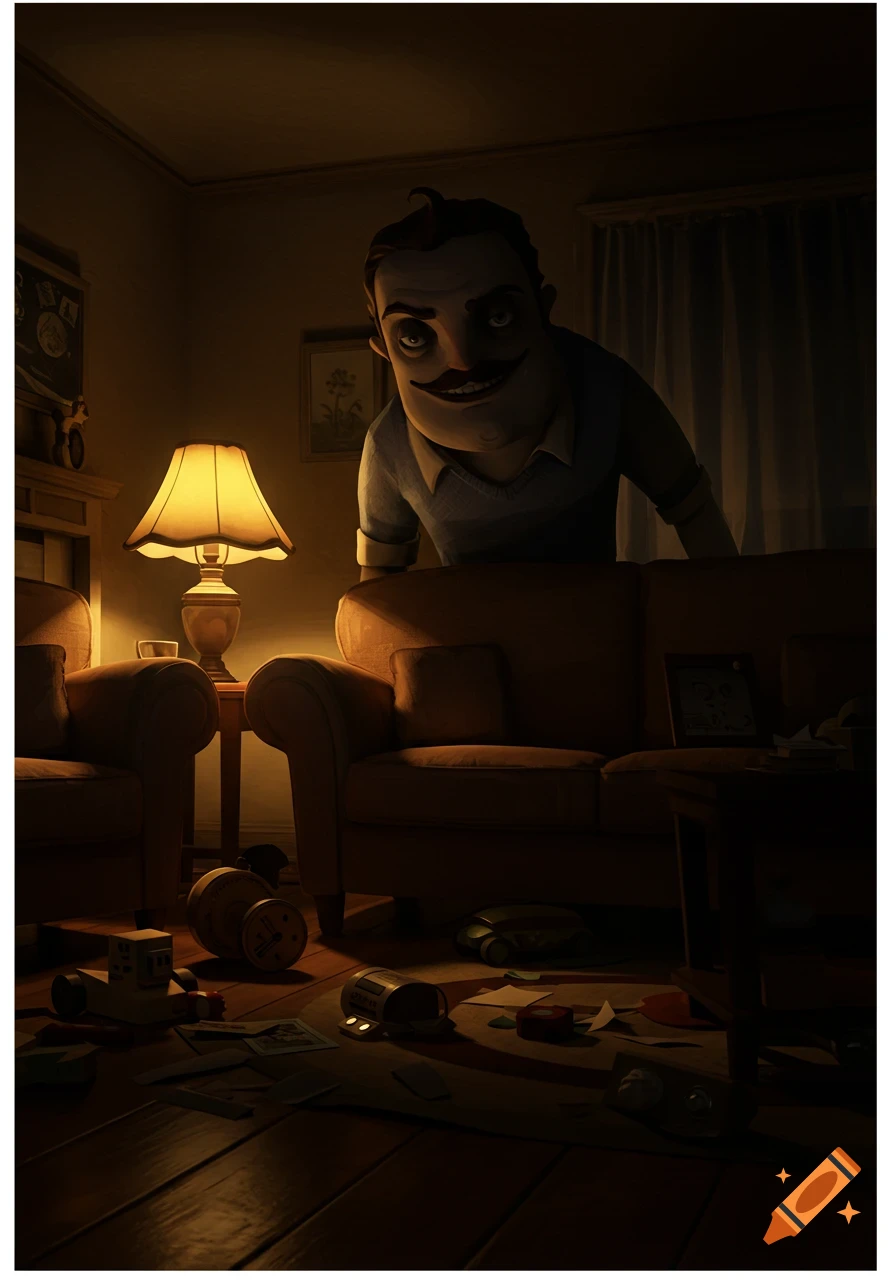 A creepy stylized man with a mustache peeking over a sofa in a dimly lit, messy living room.