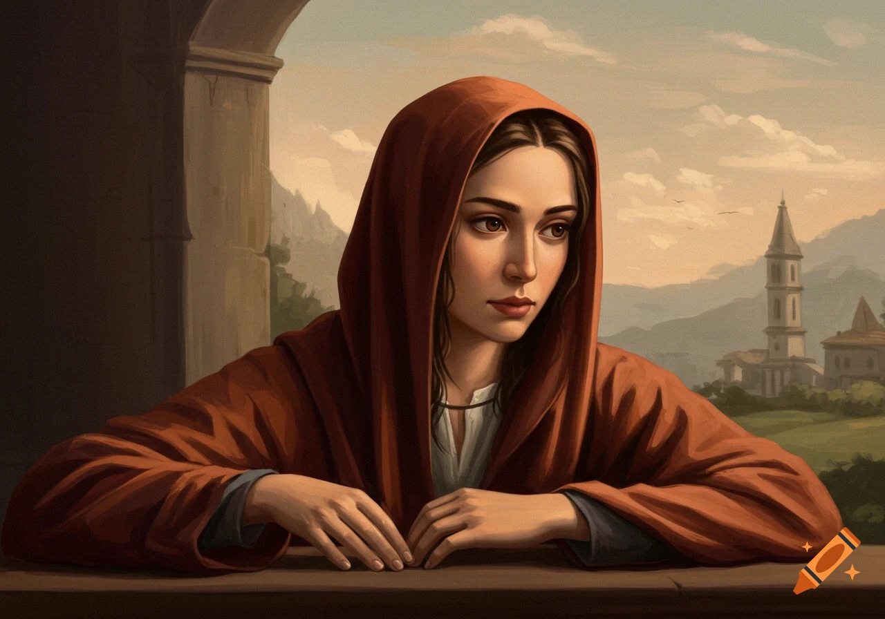 A young woman in a deep red hooded robe looks pensively out a window, revealing a landscape with a tower and mountains in the background, painted in a realistic style.