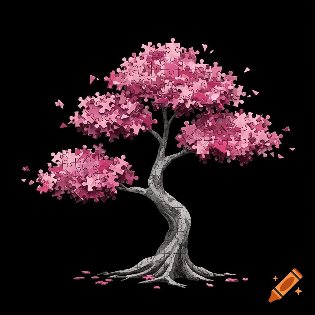 A stylized bonsai-like tree made of gray and pink puzzle pieces, with pink puzzle piece leaves falling, against a black background.