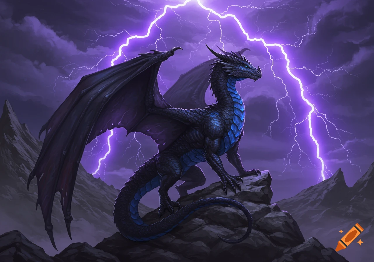 A majestic black and blue dragon with large wings sits atop a rocky mountain peak amidst a vibrant purple lightning storm.
