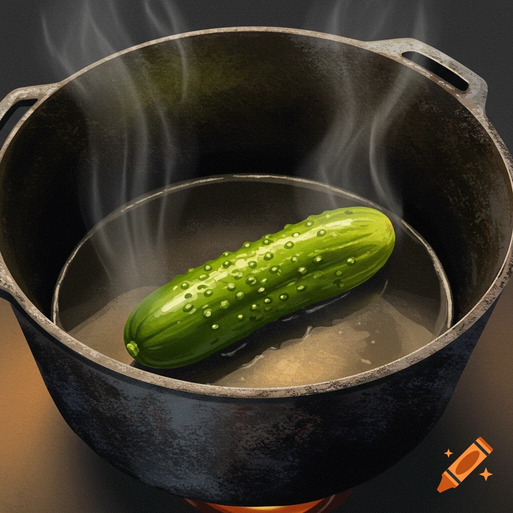 A green pickle rests in a dark, rustic cooking pot with steam rising from it.