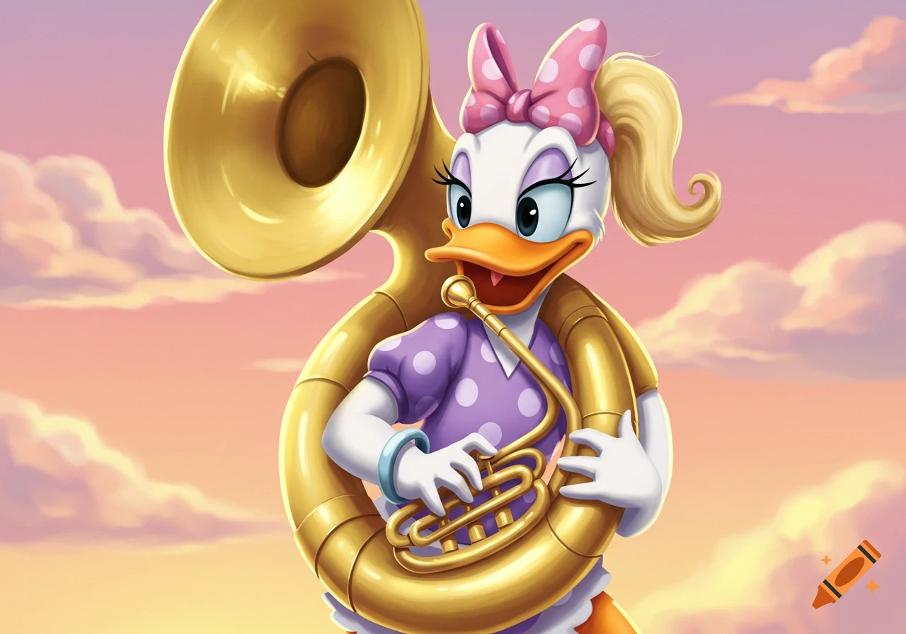 Daisy Duck plays a sousaphone against a pink and orange sunset sky