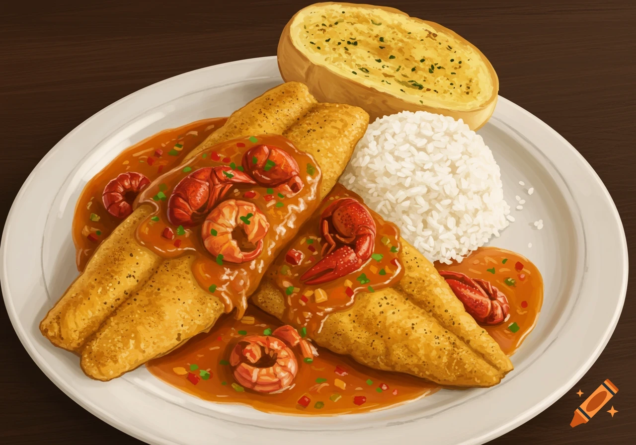 A plate of fried catfish topped with Cajun crawfish and shrimp sauce, served with white rice and garlic bread.