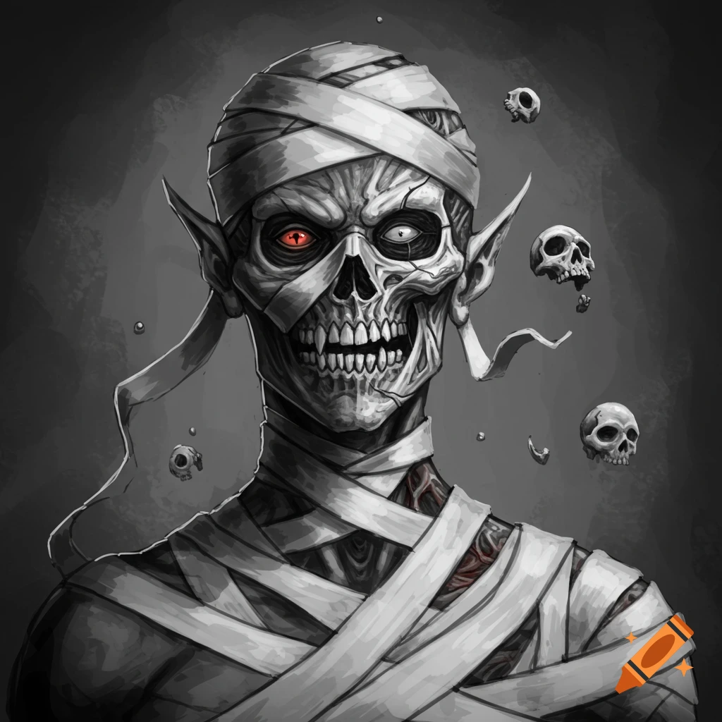 Grayscale illustration of a mummy-like creature with exposed skull, pointed ears, glowing red eye, and bandages.
