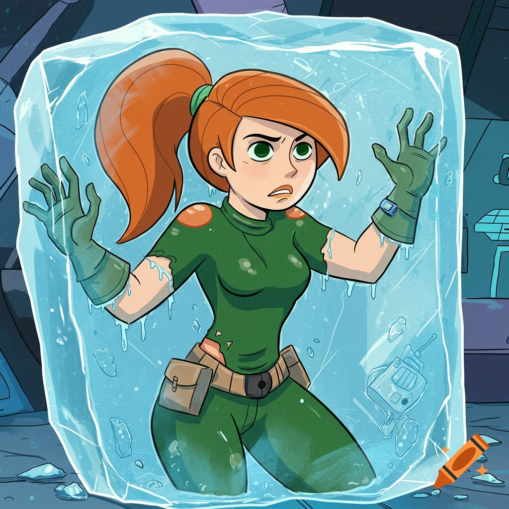 Kim Possible, an animated character with red hair, is frozen inside a large block of ice in a cartoon style.