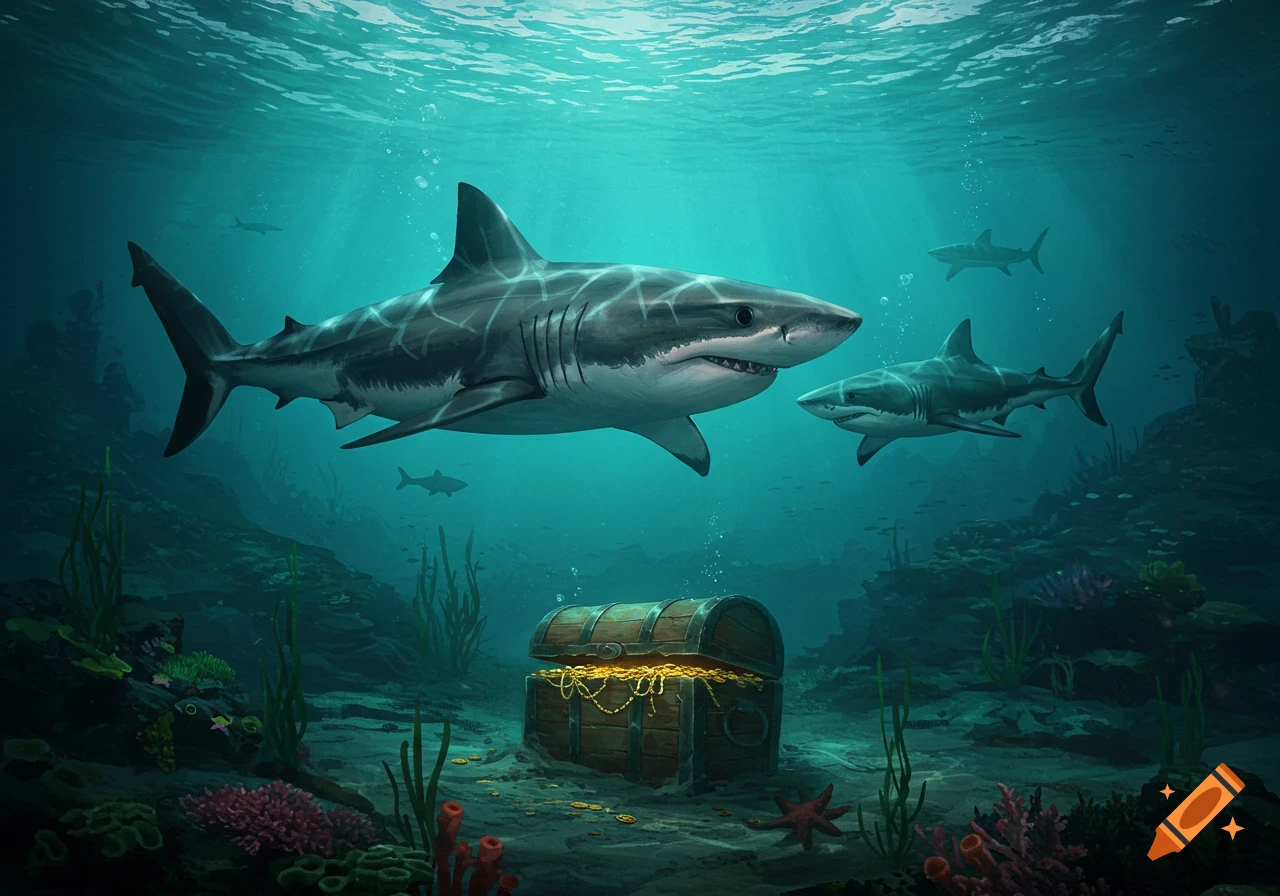 Two sharks swim over an open treasure chest filled with gold on a coral-covered ocean floor, with sunlight filtering through the turquoise water.