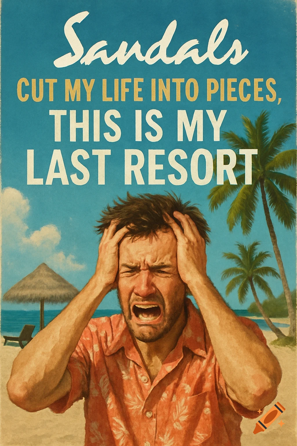 Vintage ad poster of a man screaming on a beach, with text 'Sandals CUT MY LIFE INTO PIECES, THIS IS MY LAST RESORT'.