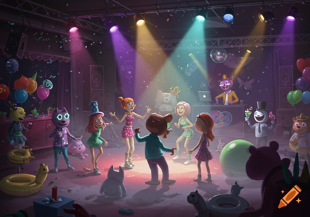 Cartoon characters dance and DJ at a vibrant club party with colorful lights, confetti, and balloons.
