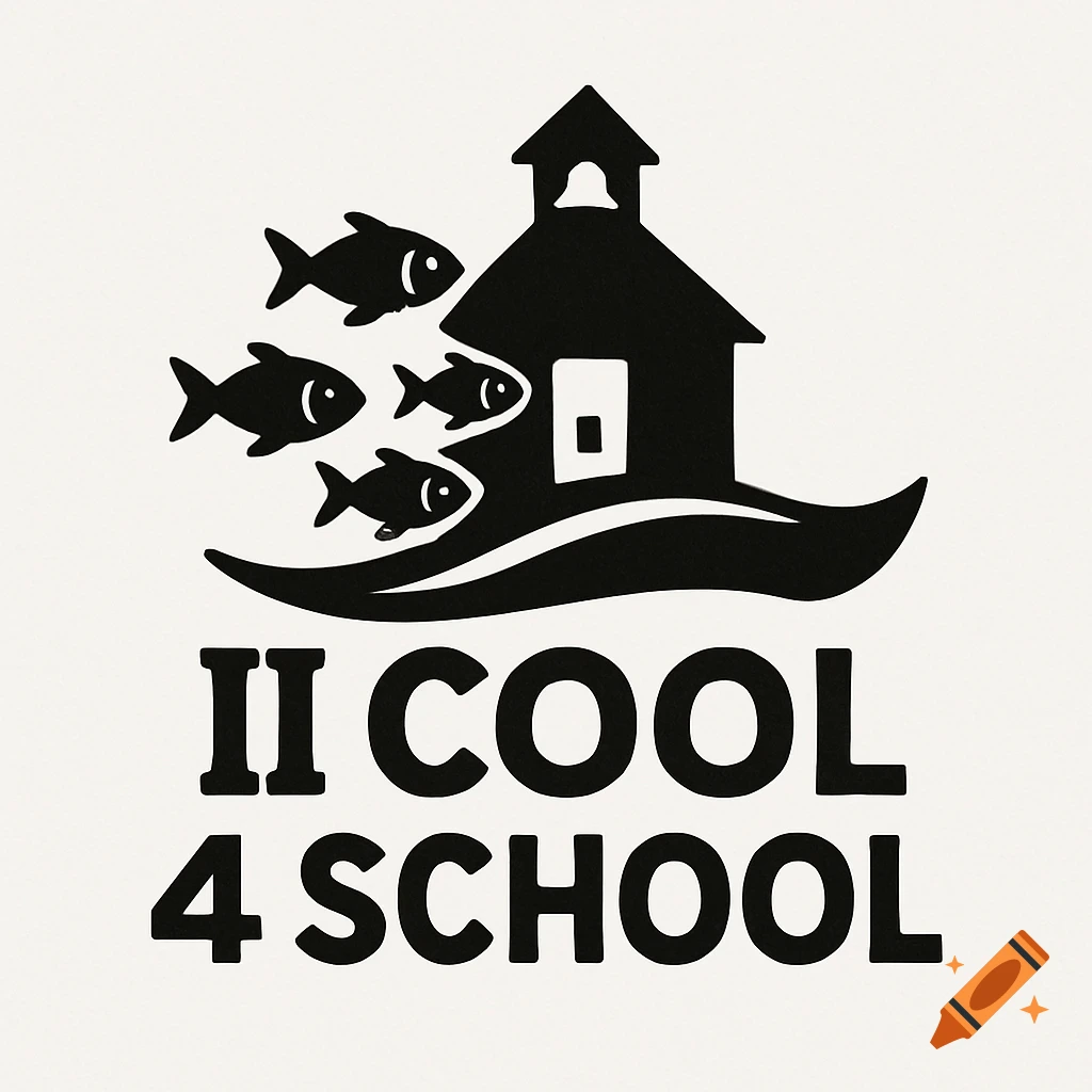 Black and white logo of a schoolhouse on a wave with four fish swimming towards it, above the text 'II COOL 4 SCHOOL'.