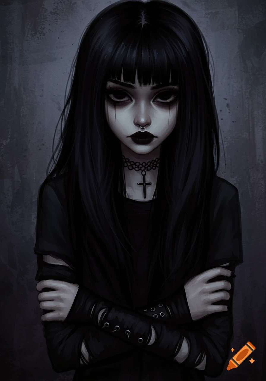 Stylized portrait of a goth girl with long black hair, pale skin, dark makeup, a nose ring, and a cross necklace.
