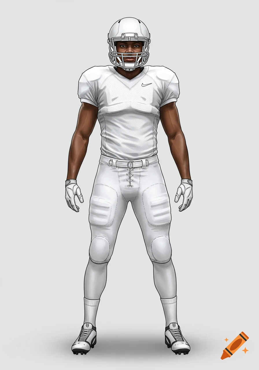 An illustration of an American football player standing upright in an all-white uniform against a white background.