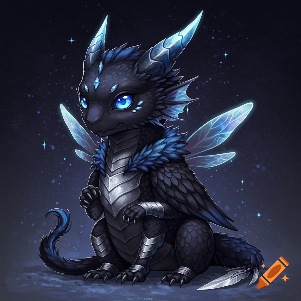 A cute black baby dragon with glowing blue eyes, blue crystalline horns, and translucent blue wings, set against a starry background.