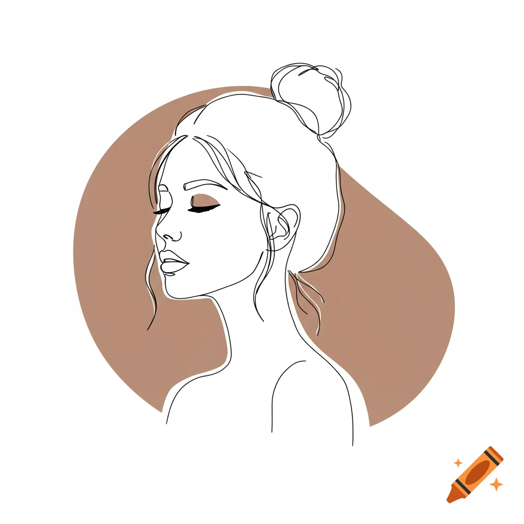 Minimalist line art profile of a woman with a bun and closed eyes, against a brown abstract shape.