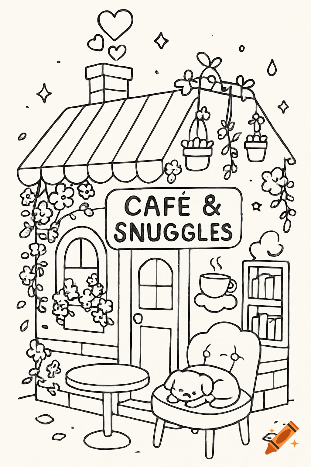 Black and white line art illustration of a cute cafe with a sleeping dog, plants, and a sign that reads 'Cafe & Snuggles'.