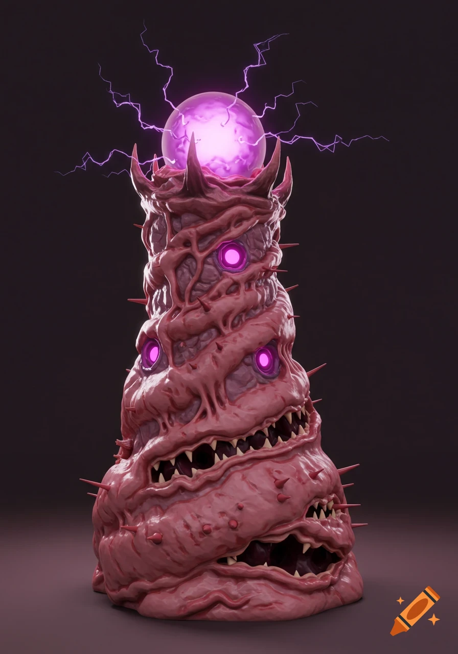A grotesque, fleshy tower creature with multiple eyes, mouths, and spikes, topped by a glowing purple orb and lightning.