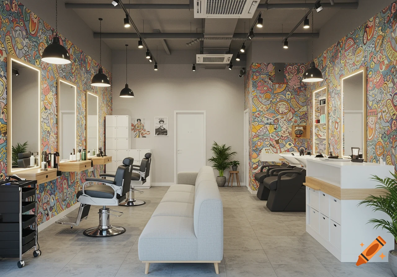 A vibrant, colorful barber shop interior with black leather barber chairs, large mirrors, a light grey couch, and walls covered in abstract, patterned wallpaper.