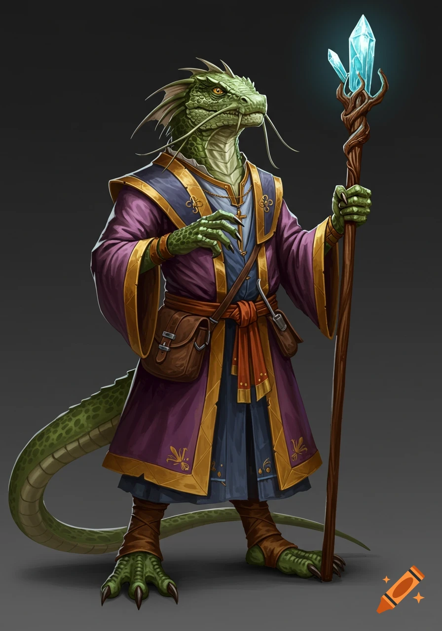A green scaled lizardfolk wizard in elegant purple and gold robes holds a glowing crystal staff in this fantasy art piece.