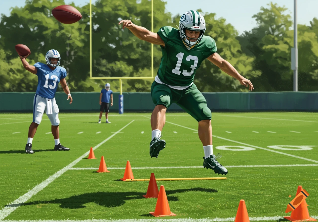 Illustrative scene of football players practicing; one in green jersey #13 jumps over cones while another in blue holds a football on the field.