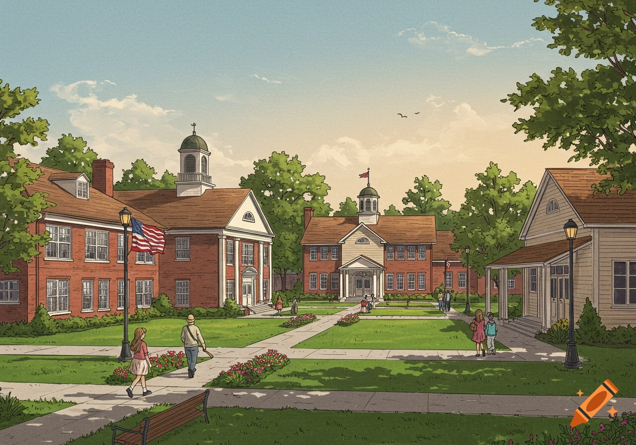 An illustrated view of a school campus with brick and clapboard buildings, green lawns, trees, and people walking on paths. An American flag flies near one building.