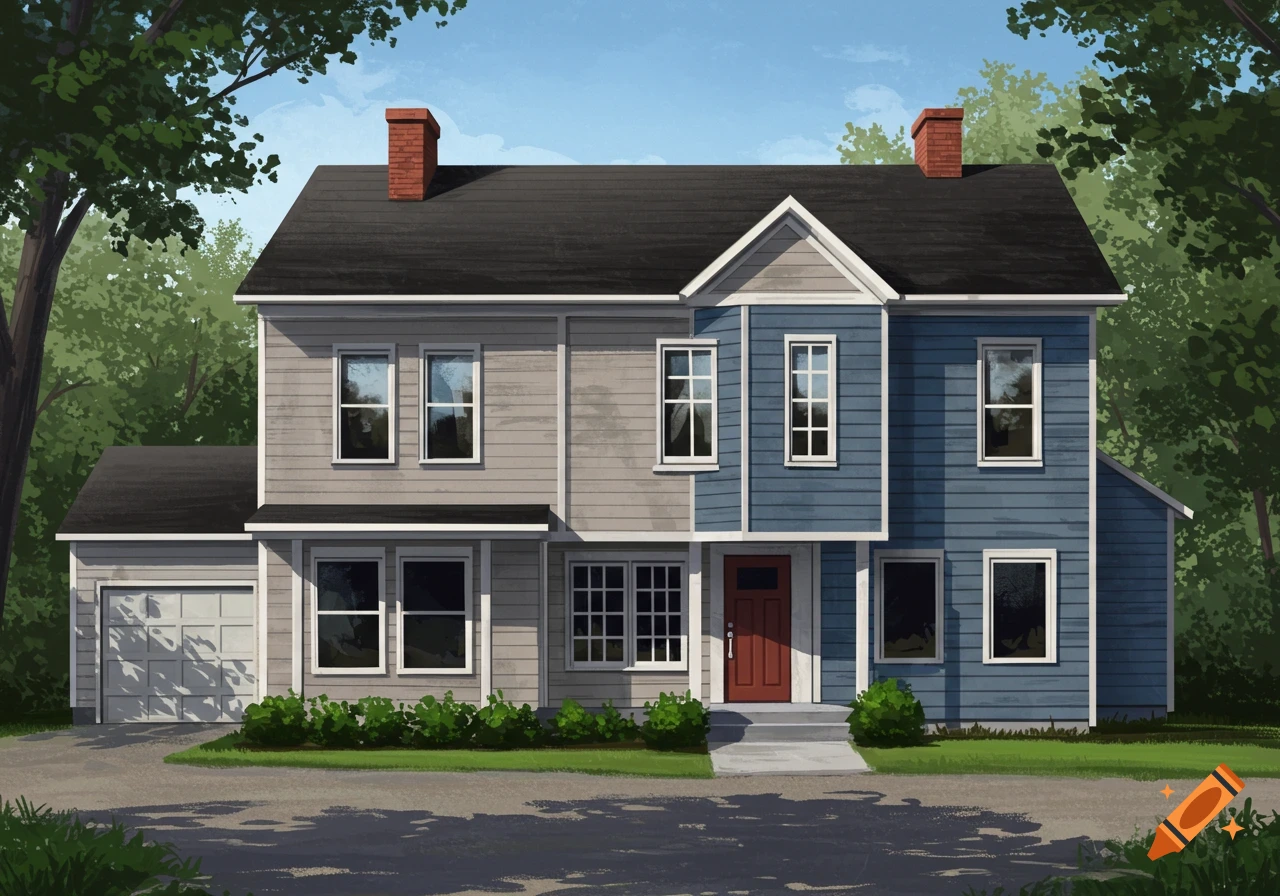 An illustration of a two-story house with gray and blue siding, a red front door, and a garage, surrounded by green trees.