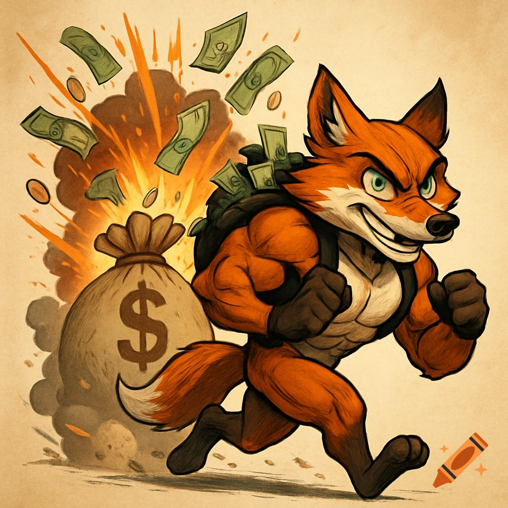 A muscular cartoon fox with a backpack full of money runs past an exploding money bag, with bills and coins flying.