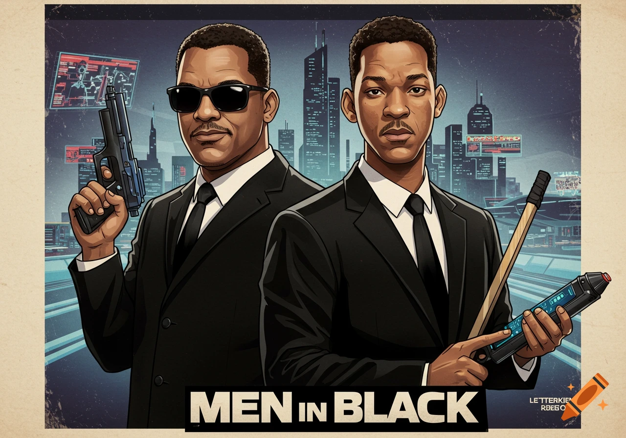 Stylized illustration resembling a Men in Black movie poster featuring two cartoon men in black suits, holding sci-fi weapons, against a futuristic city skyline.