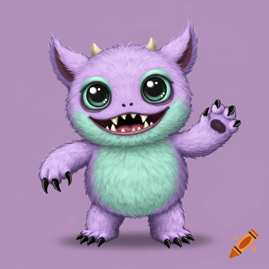 A fluffy purple and mint green monster with big eyes, sharp teeth, and small horns smiles while waving, set against a solid purple background.