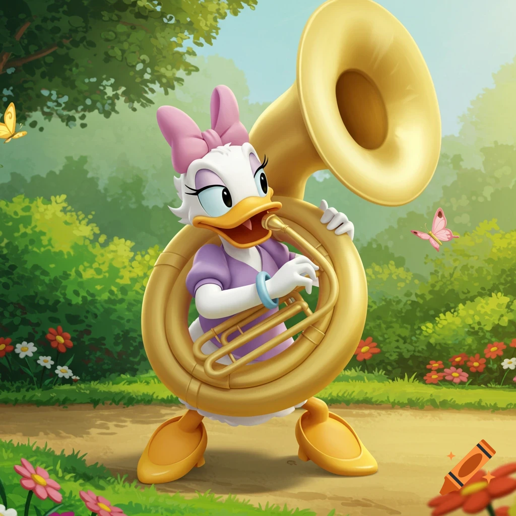 Daisy Duck from Disney is depicted playing a large brass sousaphone in a vibrant outdoor setting with flowers and butterflies.