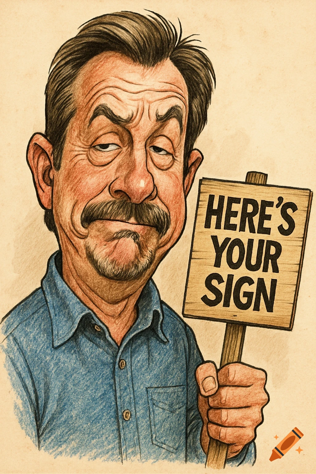 A caricature of a man with a mustache and goatee, wearing a blue shirt, holding a wooden sign that reads 'HERE'S YOUR SIGN'.