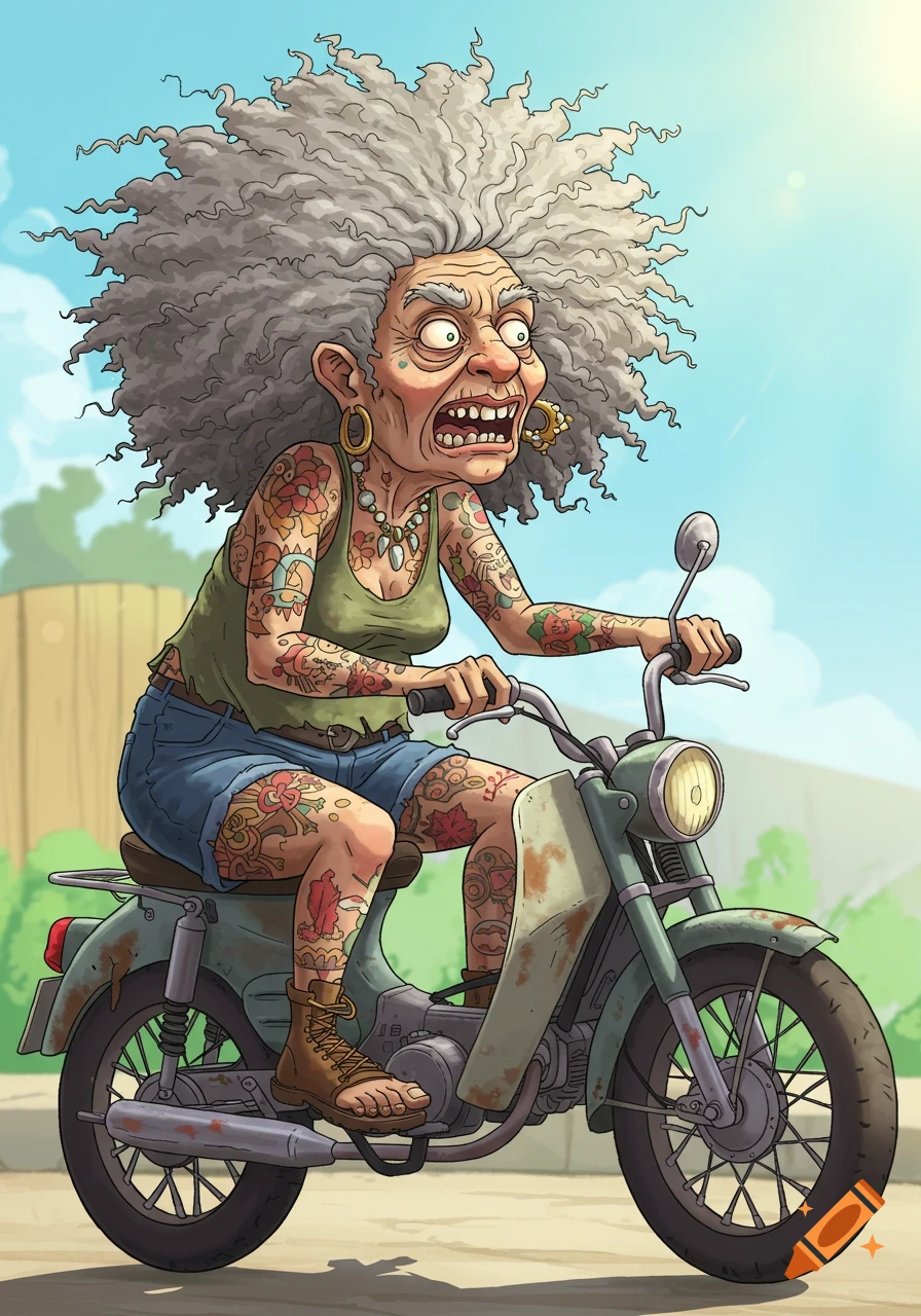 A cartoon of an old woman with wild gray curly hair and tattoos, riding a rusty moped with a gurning expression.
