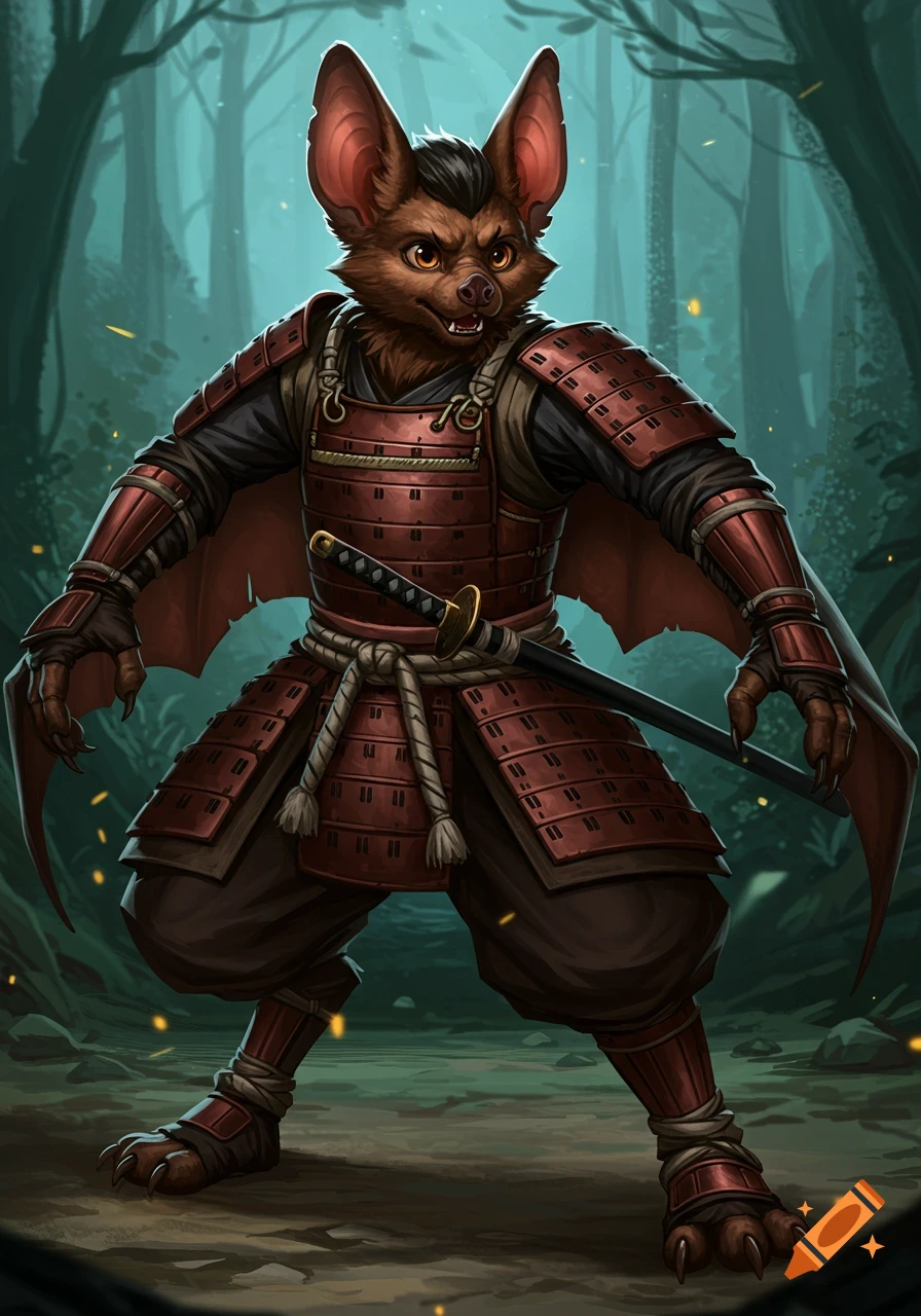 An anthropomorphic bat creature in full red samurai armor stands in a dark forest, holding a katana.