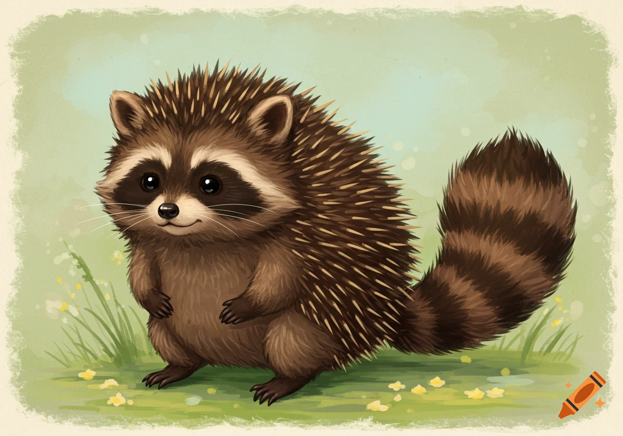 A cute, spiky brown raccoon-hedgehog hybrid stands in green grass with yellow flowers, drawn in a whimsical illustration style.