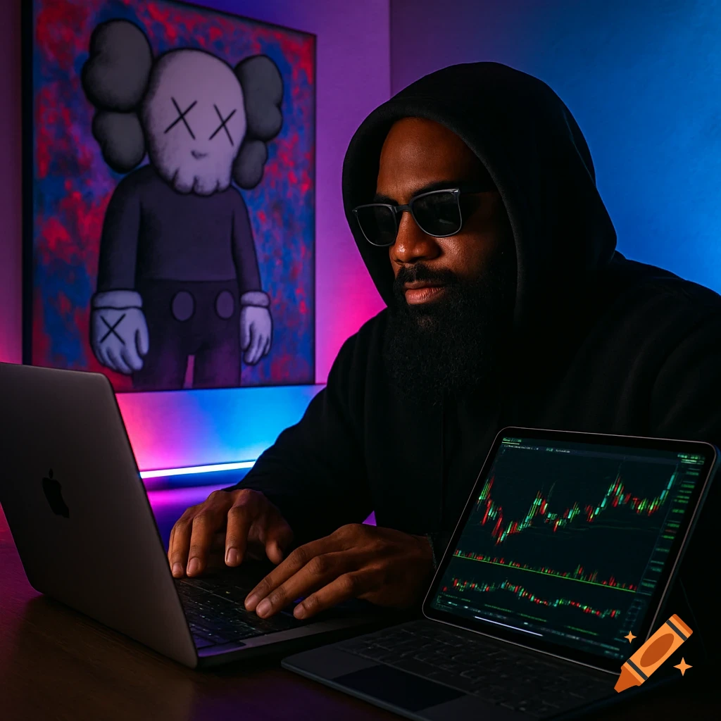 A bearded Black man in a black hoodie and sunglasses uses a MacBook and iPad for day trading in a room with neon lights and a Kaws painting.