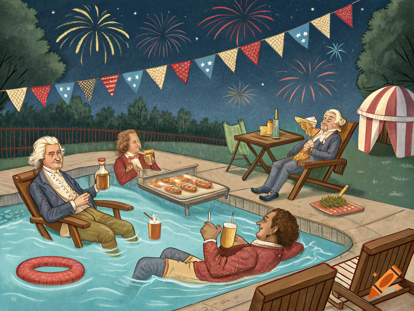 Illustration of several Founding Fathers enjoying a Fourth of July pool party with fireworks, grilling, and drinks.