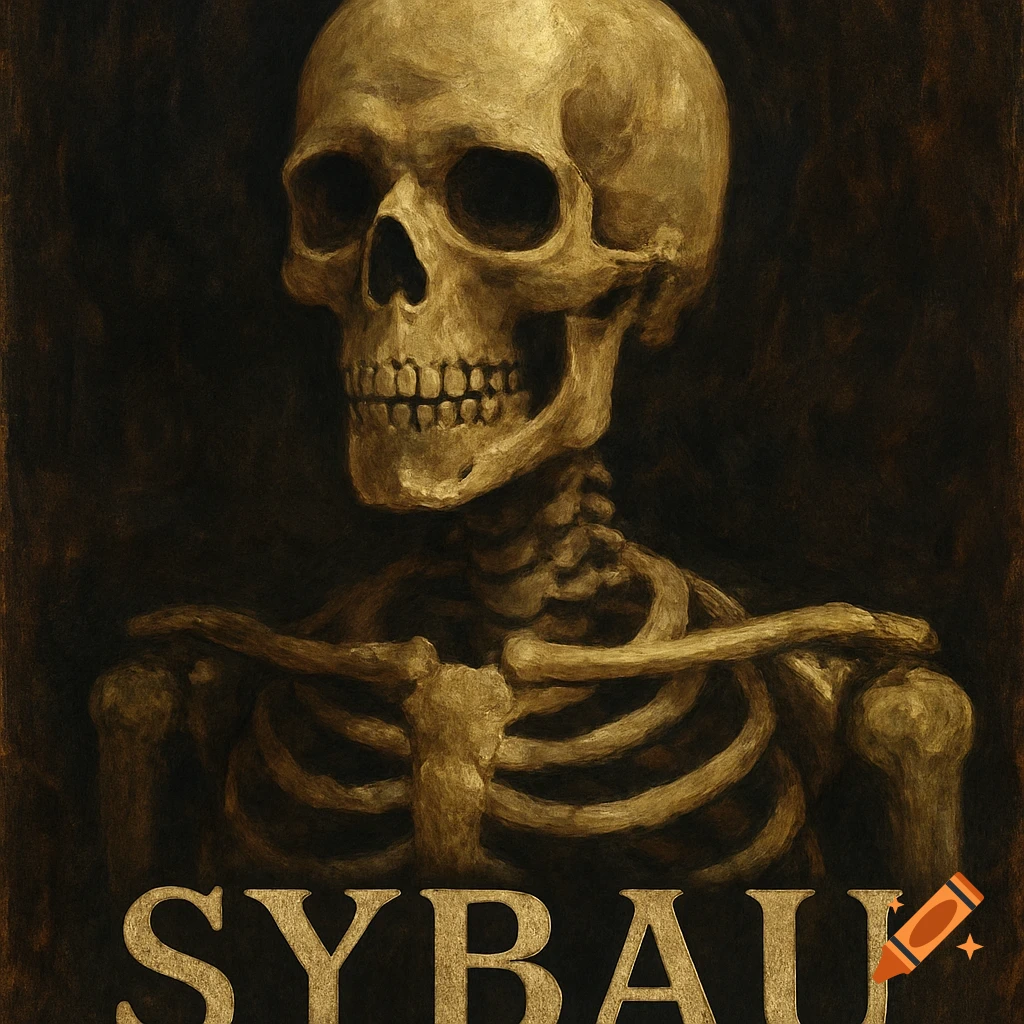 A golden skeletal figure with the word SYBAU below it, depicted in a dark, painterly style.