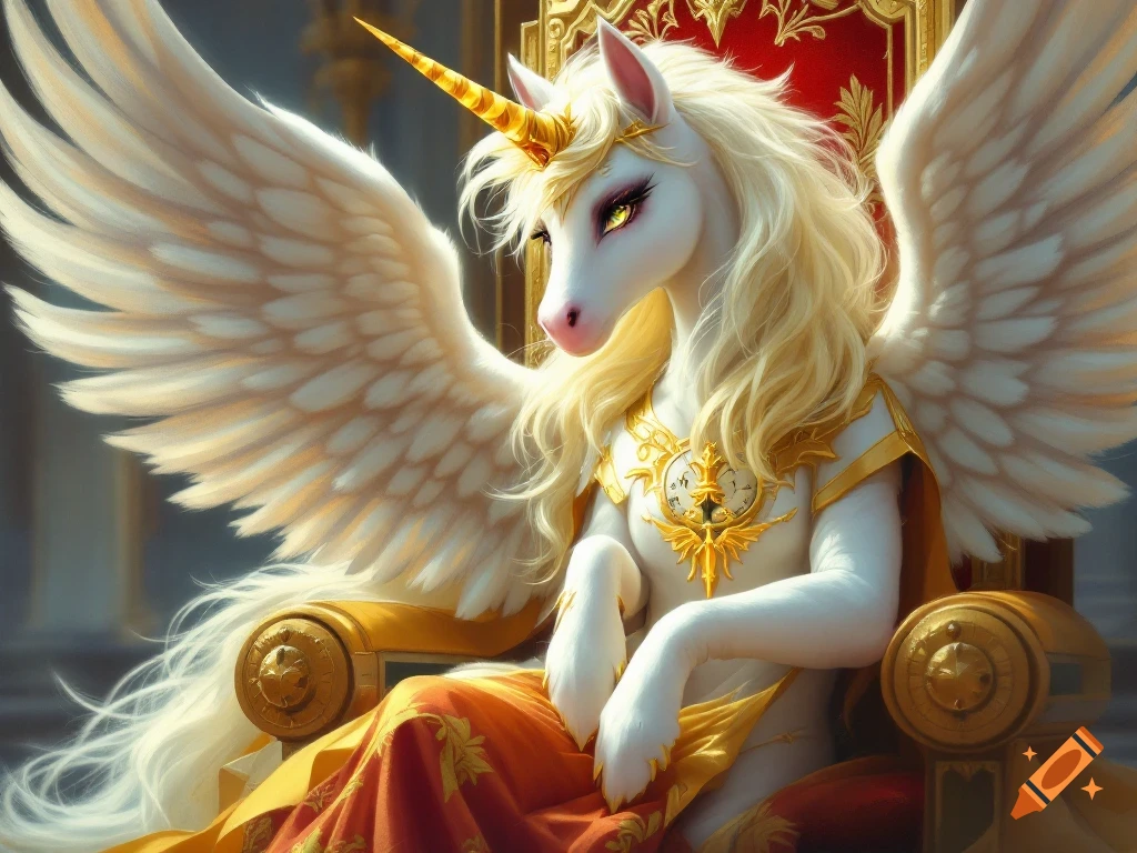 A majestic white alicorn with a golden horn, golden chestpiece, and flowing blonde mane and tail sits regally on a red and gold throne.