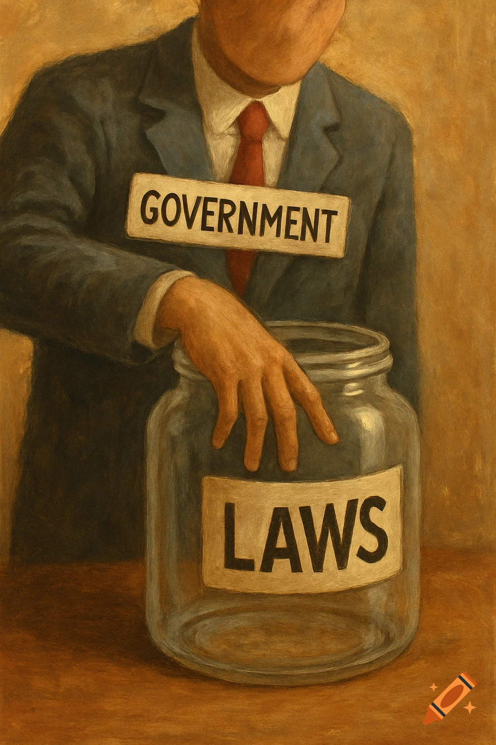 A faceless person labeled 'GOVERNMENT' in a suit with a hand on a jar labeled 'LAWS', in a painterly style.