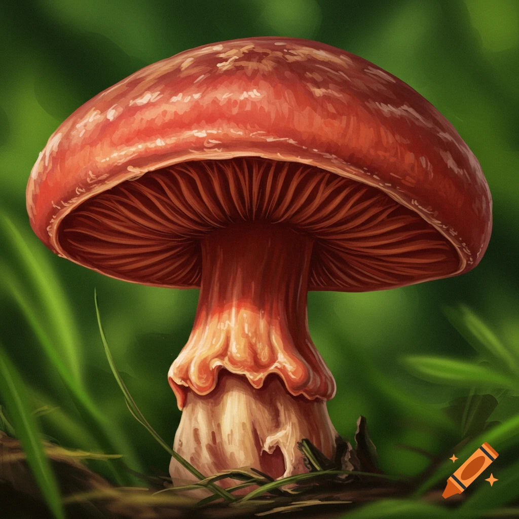 A large, red-capped mushroom stands tall in green grass, rendered in a detailed illustration style.