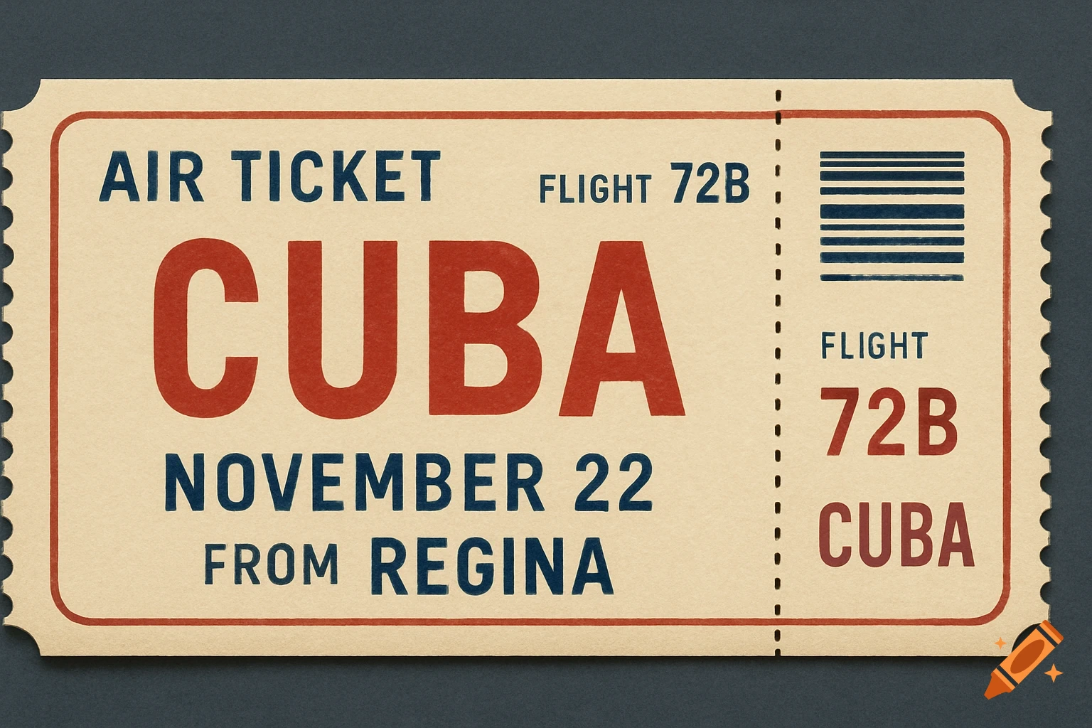 Vintage-style air ticket for Flight 72B to Cuba, departing Regina on November 22.