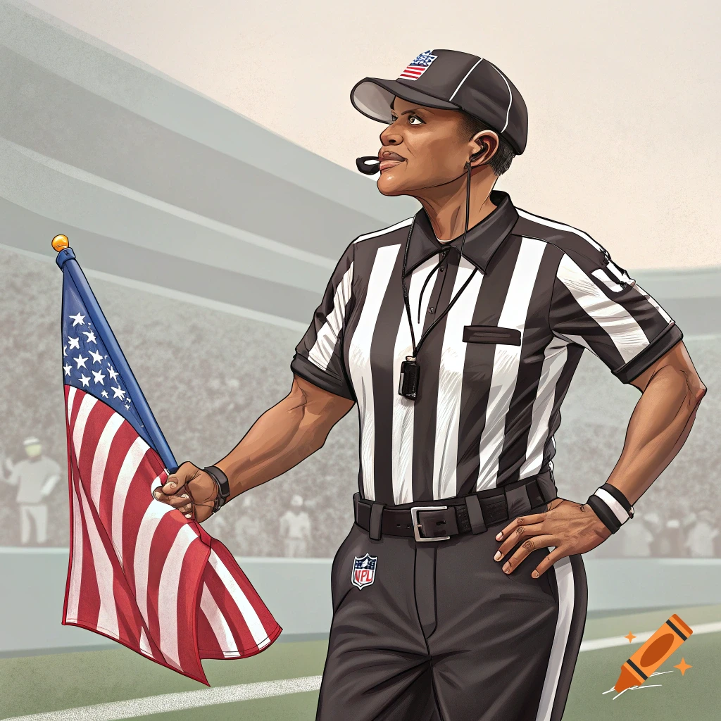 Illustrated female football referee holding an American flag in a stadium.