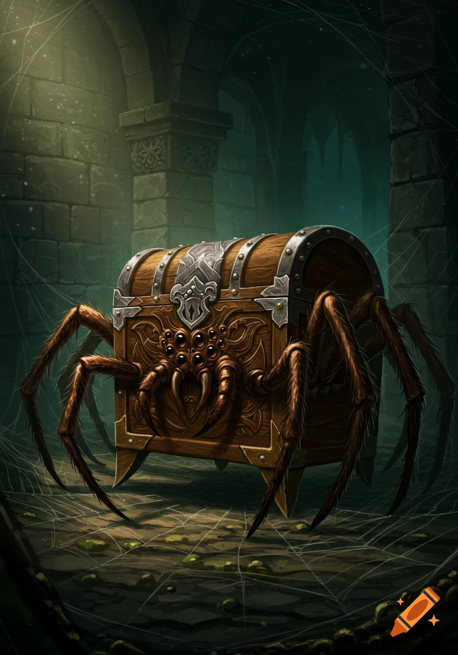 A fantasy illustration of a wooden chest with spider legs and multiple eyes, standing in a dark, cobweb-filled dungeon.