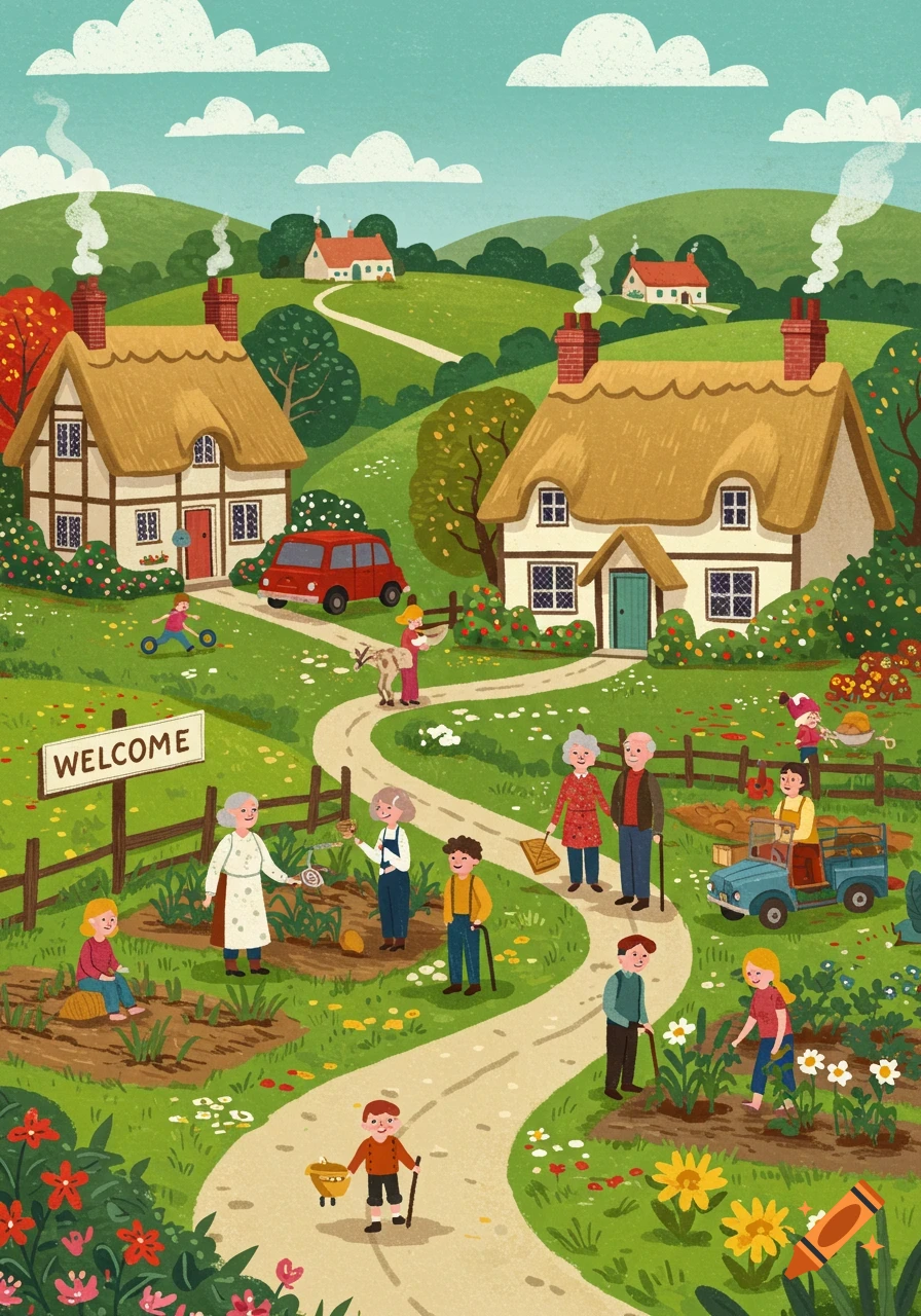 An illustration of a vibrant rural English village with thatched cottages, rolling green hills, and people gardening and walking, with a "WELCOME" sign.