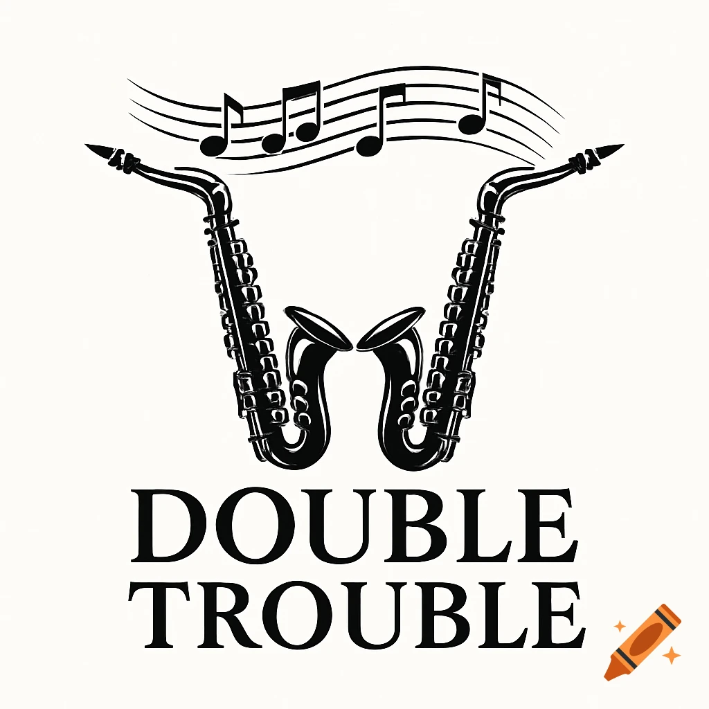 Black and white logo with two saxophones forming a 'W' shape, topped by musical notes, and the text 'DOUBLE TROUBLE' below.
