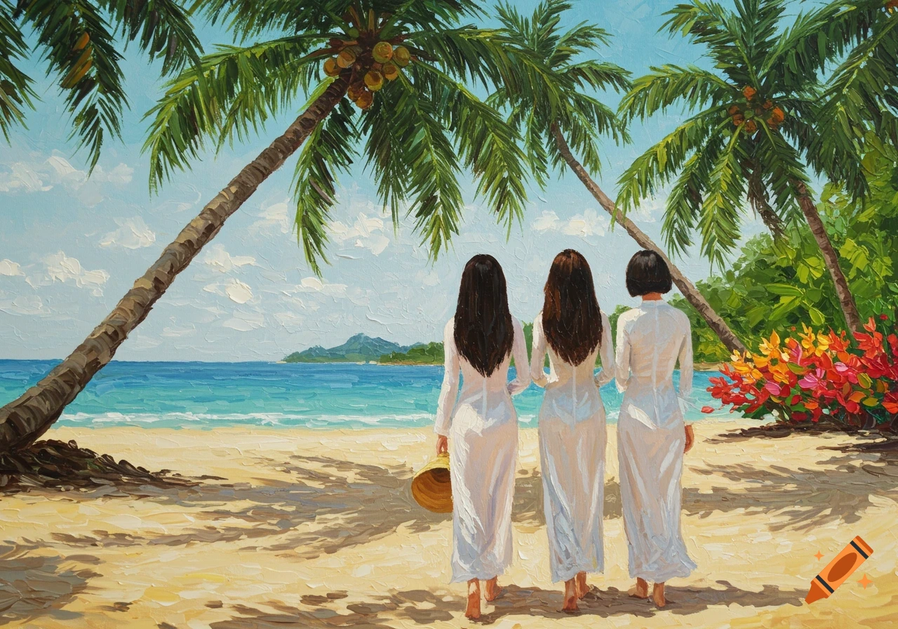 Impressionist painting of three Vietnamese women in white dresses walking on a tropical beach with palm trees and ocean.