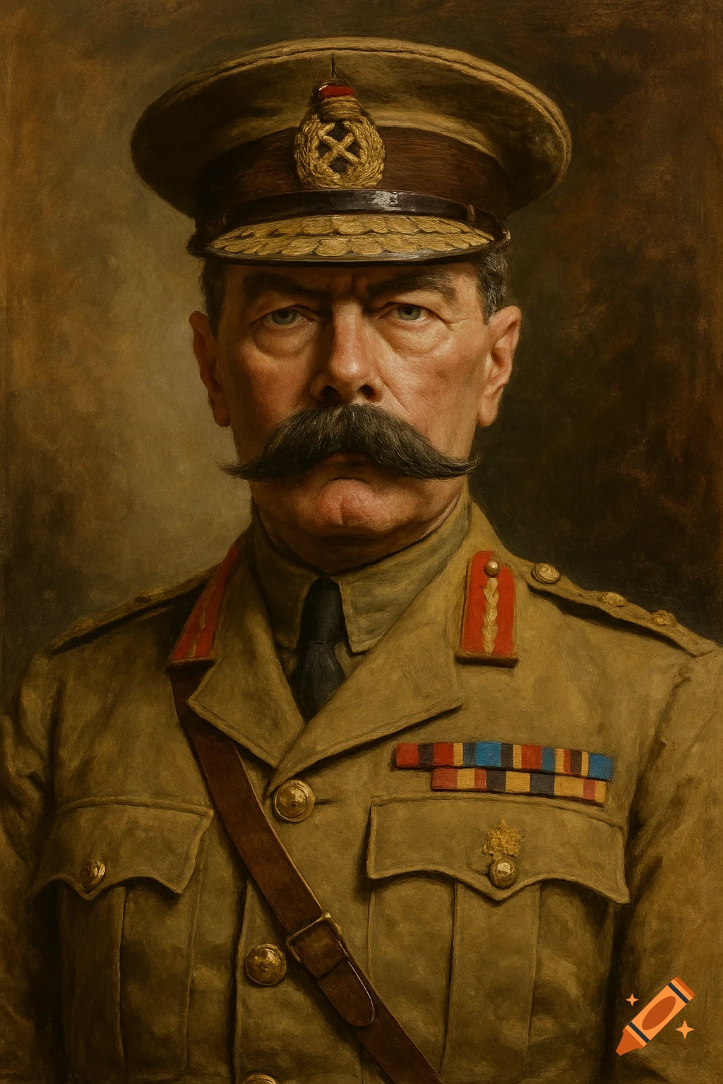 A detailed oil painting of a stern military officer with a large mustache in uniform and a cap.