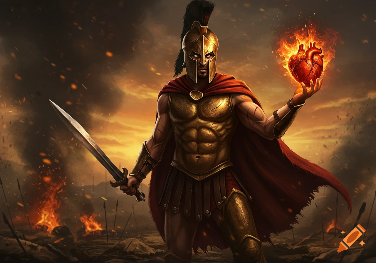 A Spartan warrior in golden armor and a red cape holds a sword and a flaming heart on a smoky, fiery battlefield.