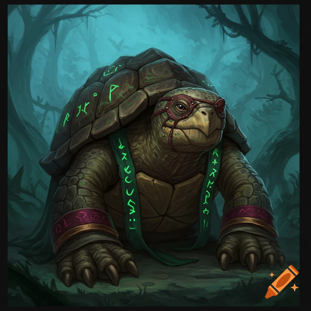 A fantasy illustration of a warlock turtle with an eye patch, adorned with glowing runes, in a dark forest.
