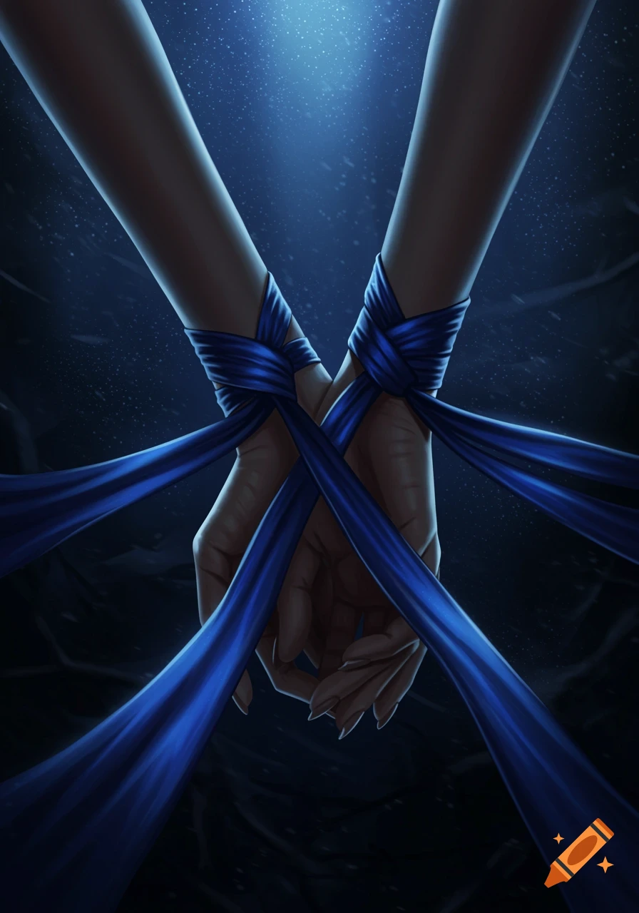 Two hands bound together with blue silk ribbons under a mysterious blue light against a dark background.