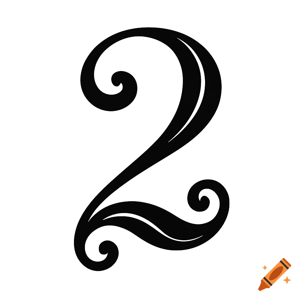 A black, ornate, and stylized number 2 with swirling decorative elements on a white background.